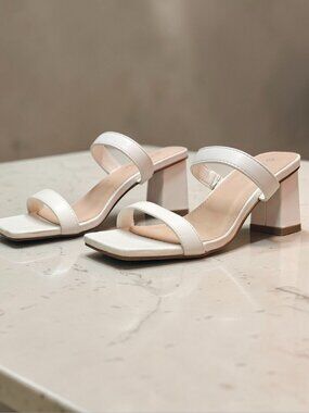 White Faux Leather Block Heel Sandals With Double Straps & Square Toe For Women